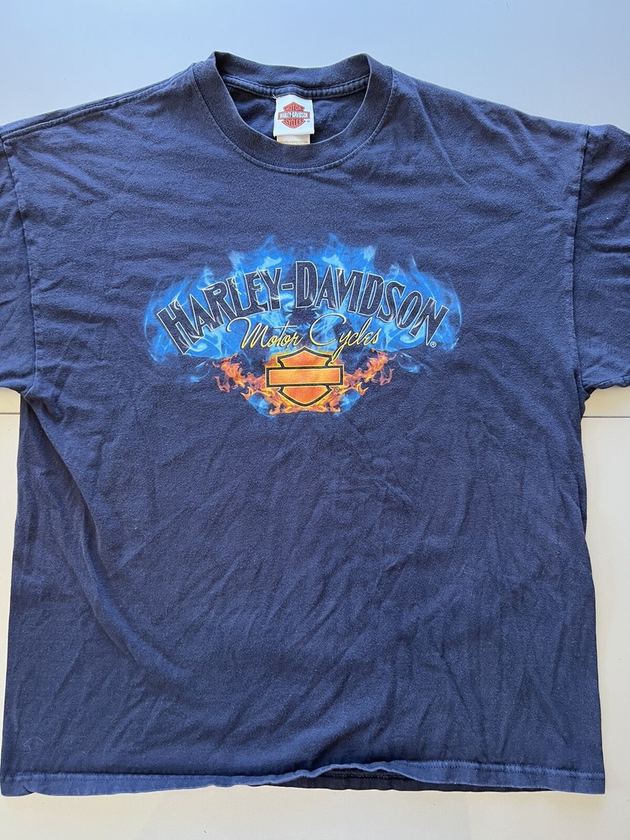 Vintage 2000 Y2K Harley Davidson Fire Flames Faded Blue Made In 