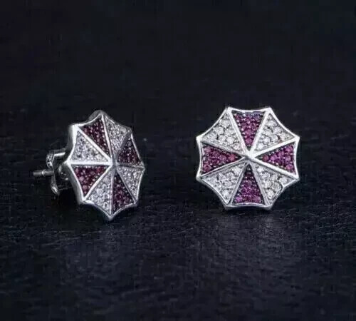 14K White Gold Plated Umbrella Stud Earrings with 2Ct Lab-Created Pink Ruby Round Cut-image