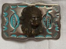 Native American Indian Chief Belt Buckle Western Teal Accents Vtg 80s USA