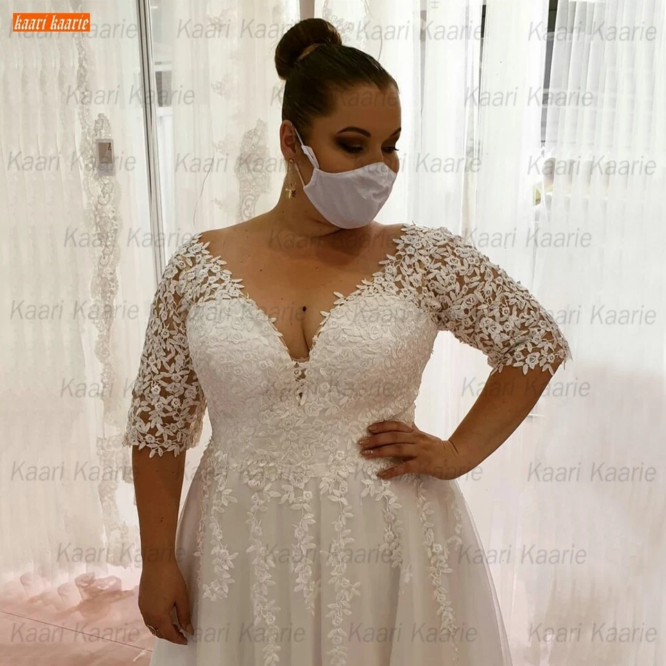 Plus Size Wedding Dresses V Neck Half Sleeves A Line Bohemian Beach Bridal Gown - Image 3 of 4