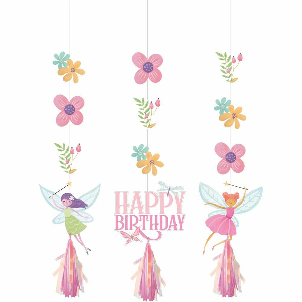 Pretty Pastel Fairy Forest Hanging Cutouts w/ Iridescent Tassel Party Decoration