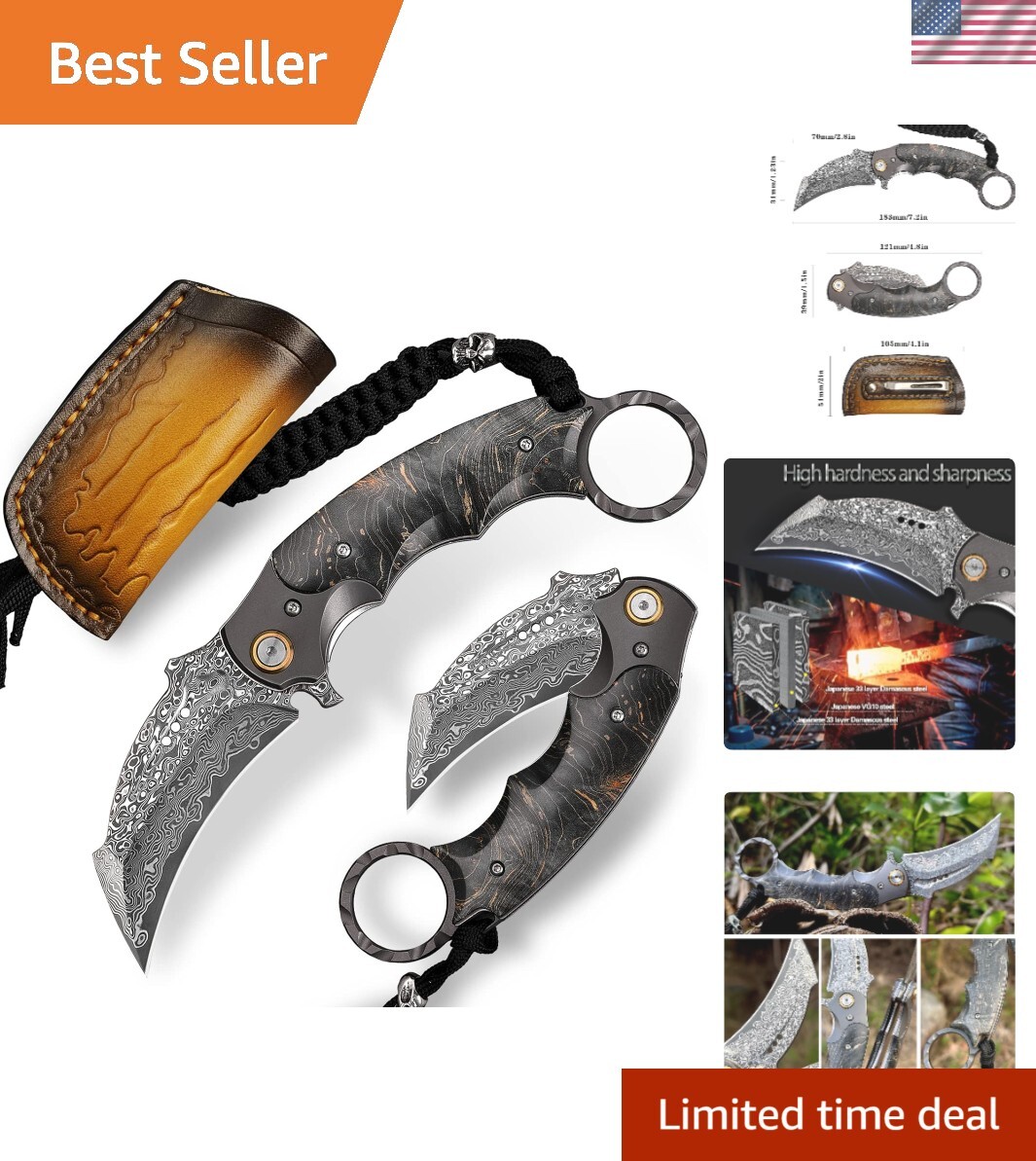 Handmade Damascus Steel EDC Folding Knife with Cowhide Sheath
