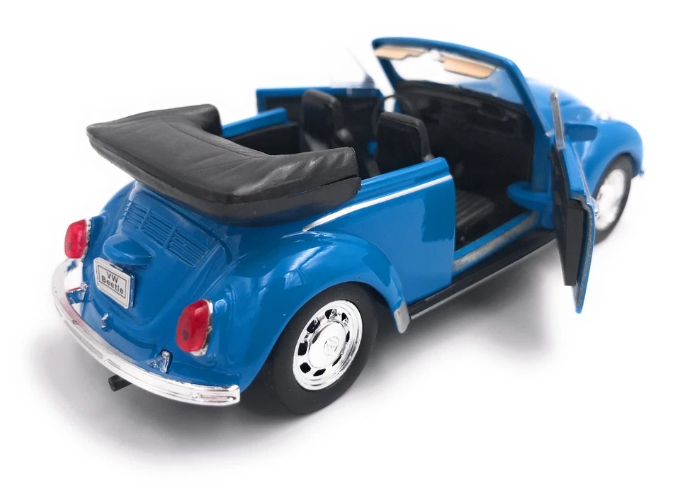 VW Maggiolino Cabrio Modellino Auto PRODOTTO LICENZIATO 1:34-1:39 Blu Bianco - Immagine 2 di 4