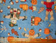 VIP Scarecrow blue autumn fall harvest country cotton quilt fabric BTY Halloween