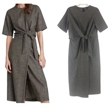 Zara Woman Knotted Wool Faux Wrap Dress Tie Waist Gray Short Sleeve, Size L
