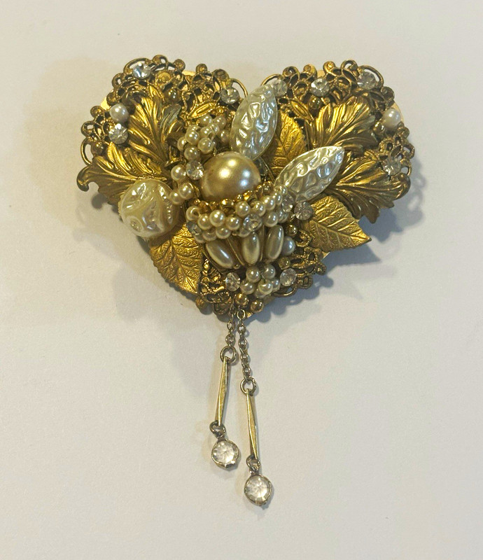 Signed Gem Art III Artisan Heart Brooch Faux Pearl Rhinestone OOAK Gold Tone Pin