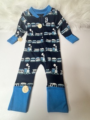 M+A Organic Baby Sleeper Train Print Zip Footed Newborn NWT