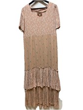 VTG Maxi Dress Rose Pink Floral Prairie Cottage Core Gauzy Layered Ruffles Sz L