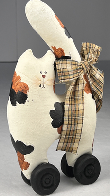 #ad Handcrafted Country Calico Cat On Wheels Starched Fabric Bow Folk Art Rustic $11.18