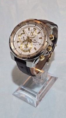 Casio Edifice Chronograph WR100M Mens Watch Gold Tone White Dial Leather