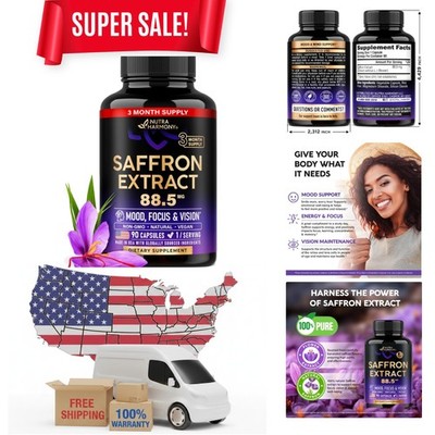 Natural Saffron Supplements - Pure Saffron Extract 88.5 mg - Made in USA - Mo...