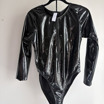 Good American Bodysuit Shiny Black Vinyl Wet Look Faux Patent Leather 3 M 12