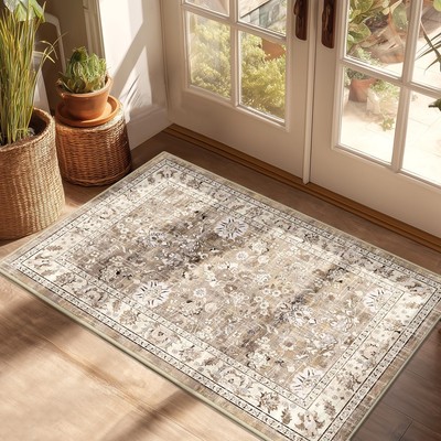 LOKHOM Washable Area Rug 2x3 Non-Slip Vintage Soft Boho Floral Faux Wool Hallway