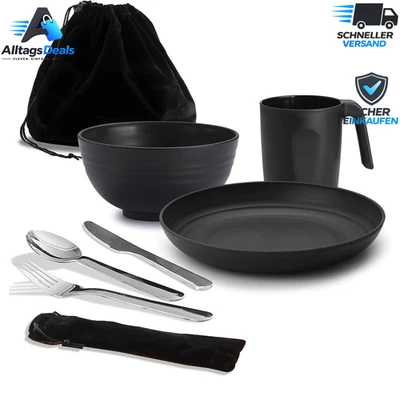 Camping Mess Kit Besteck Set mit Messer, Löffel, Gabel, Tasse, Schüssel, Teller - Bild 1 von 4