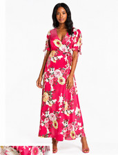 Lulus Womens Medium Pink Floral Wrap Maxi Dress Boho Short Sleeve Wedding Guest
