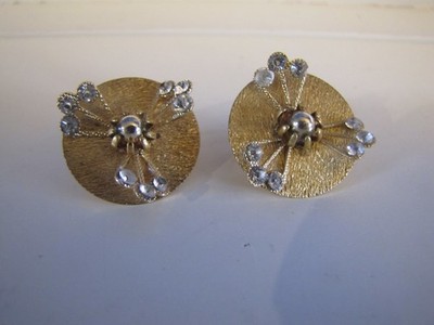 Make Offer! Vtg Eames Era Atomic Textured Gold Tone Rhinestone Clip On Earrings