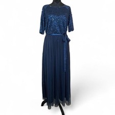 Vintage Navy Blue Sequin Lace Maxi Dress Romantic Formal Evening XXL