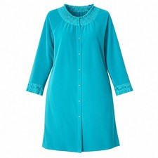 Vanity Fair Robe Medium Teal Smocked Neck Ruffle Vintage Snap Front Loungewear