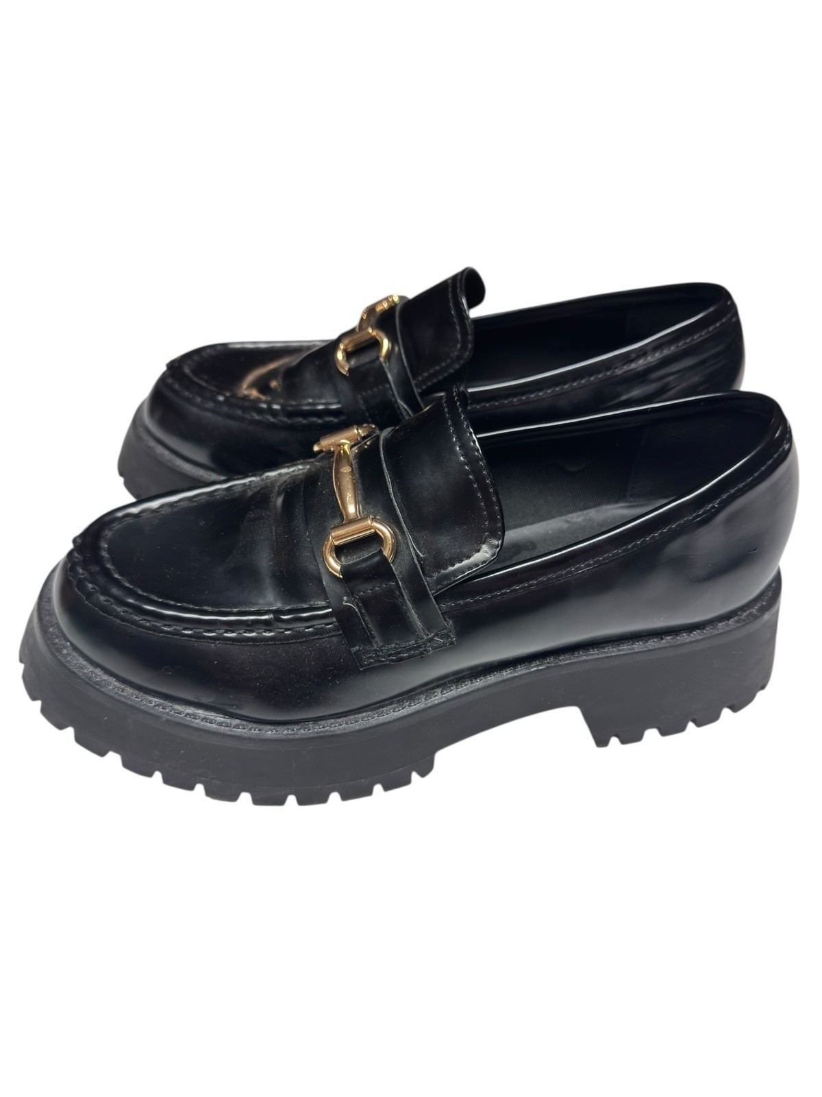 ASOS Design Black Chunky Lug Sole Loafers 6 Gold Horsebit Platform Shoes Women