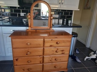 Antique Pine 6 Draw Chest of Drawers with Mirror