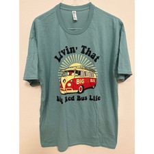 Jerzees Livin That Big Red Bus Life Graphic T-Shirt XL Teal Blue VW Bus Tee