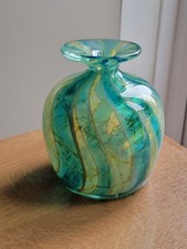 Mdina Art Glass Vase Teal Green Amber Hand Blown Mid Century