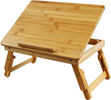 Bamboo Laptop Desk with Folding Legs Tilting Surface Workstation Table Adjustab