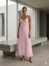 Cider Pink Ruffle Maxi Dress Chiffon Cottagecore Coquette Tie Shoulder Size XL