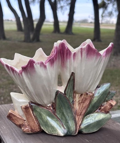 Antique Early Original McCoy Double Tulip Crocus Art Pottery Vase White Pink USA