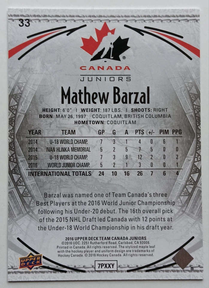 2016 UD Team Canada Juniors High Gloss Mathew Barzal /25 New York Islanders - Image 2 of 2