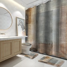 4 PCS Bathroom Shower Curtain Sets with Rugs Brown Gradient Painting Art