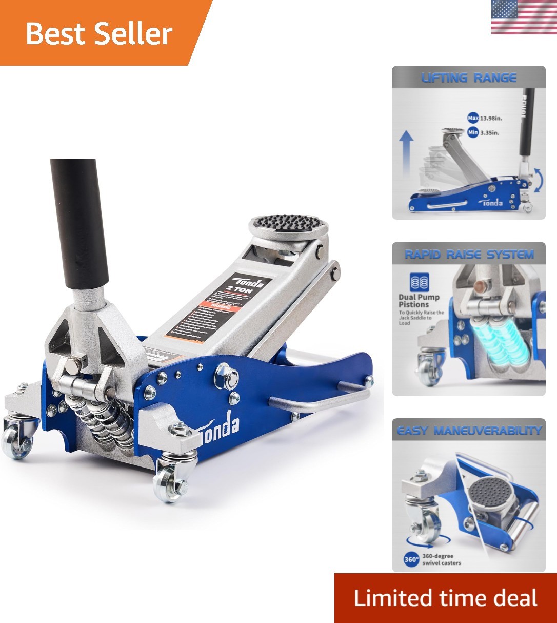 TONDA 2 Ton Hydraulic Jack Blue Aluminum - Effortless Vehicle Elevation