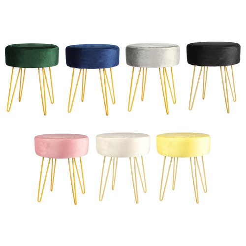 Round Velvet Footstool Ottoman Stool Pouffe Seat with Gold Legs H40 x D35cm - Picture 1 of 45