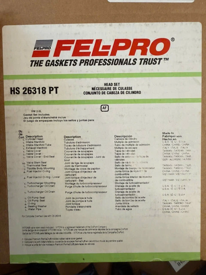 Juego de juntas de culata HS 26318 PT Felpro para VW Audi A4 Quattro TT A3 Eos A5 Foto 2 de 2