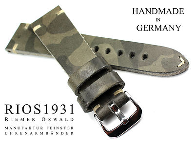 22mm /18 RIOS German handmade Leather Strap Camouflage Military Army Pilot Band 