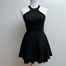 Lulu’s Halter Open Back Lace Trim Little Black Skater Dress Small LBD Casual 