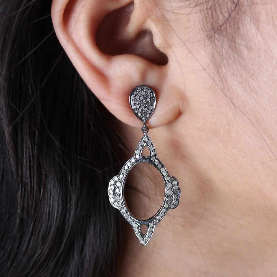 Pave Diamond Earrings 925 Sterling Silver Victorian Jewelry Gift For Her - Image 4 of 4