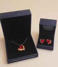 Red Heart Pendant Necklace  Earring Set CZ Heart Crystals Gold Tone Wife Gift