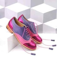 Handmade Women Three Tone Wing Tip Brogue Leather Lace Up Dress Shoe, Party Shoe