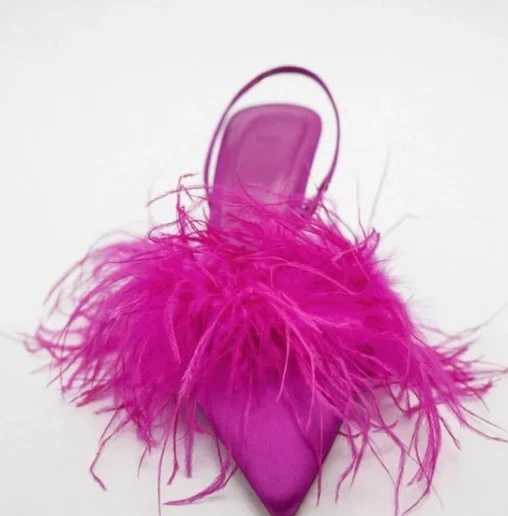ZARA FEATHERED FABRIC HEELED SHOES Pink Fuchsia Slingback Heels Sz 39 NWT - Image 3 of 3