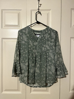Charter Club Light Green Floral Pleated Front V-Neck Peasant Blouse Size PS NEW