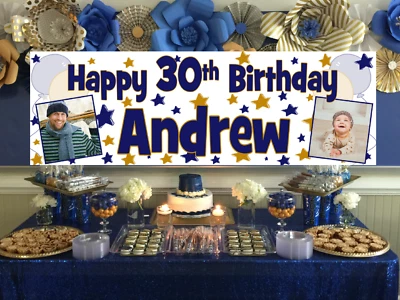 PRINT A PARTY Personalised Birthday Banner Photo Navy & Gold 18th 21st 30th 40th Decorations