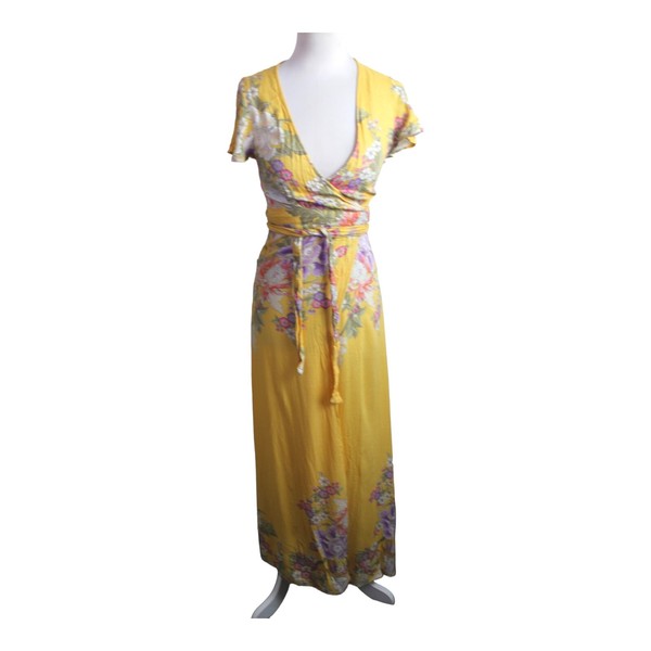 Spell Designs Maxi Wrap Dress Size XS Yellow Floral Bird Print Short Sleeve