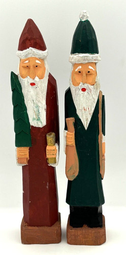 Wooden Old World Folk Art Santas Figurines Hand Painted Set of 2 Vintage 8.25"H