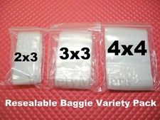 600 Reclosable Zip-Top Bag Variety Pack 2x3 3x3 4x4 Clear 2 Mil Plastic Baggies