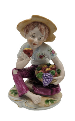 Empress Haruta Dutch Farmer Boy Vintage Porcelain Figurine 6.25 in Apples Japan