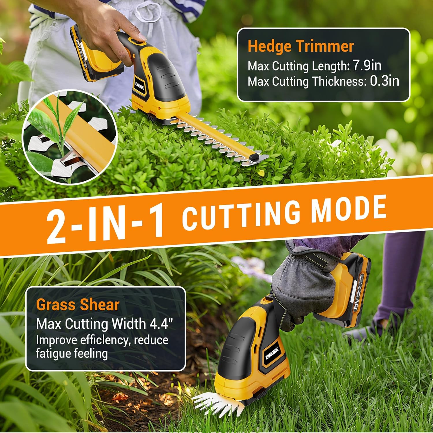 21V Cordless Hedge Trimmer & Grass Shears 2-In-1 Handheld Small Electric Bush Tr