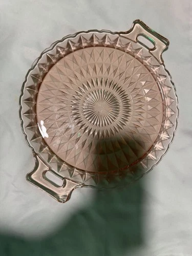 Vintage Pink Depression Glass Serving Tray Handles Starburst Pattern