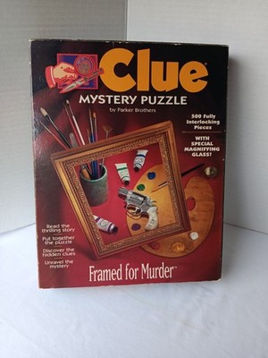 CLUE Framed For Murder Mystery Puzzle 500 Piece Complete w/ Story Book Glass