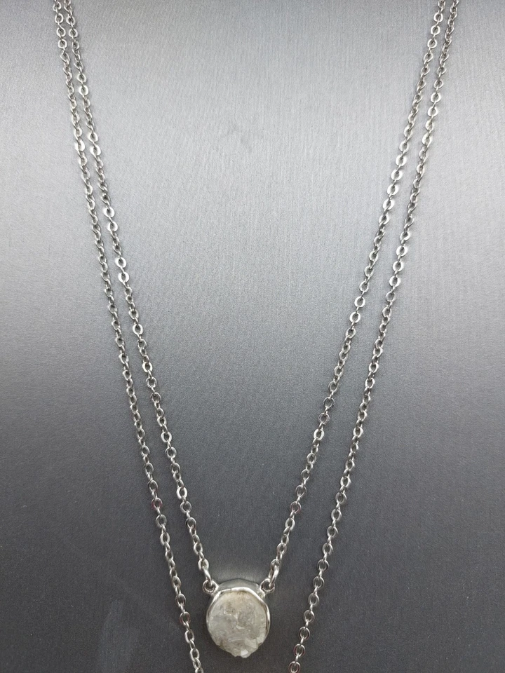 Signed Loft Double Chain and Pendant Necklace Drusy White & Gray 16 & 18 Inch - Image 3 of 4